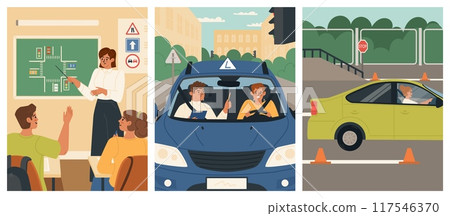 Theory and practice lessons at driving school vector set Theory and practice lessons at driving school vector set 117546370