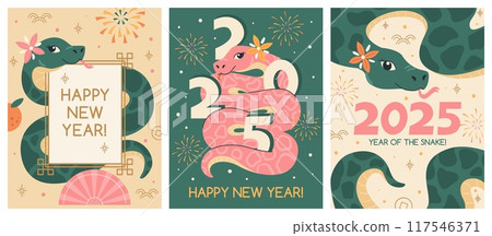 Happy 2025 new year of snake posters vector set 117546371