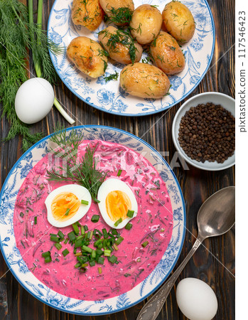 Cold beetroot soup with dill and boiled egg Cold beetroot soup with dill and boiled egg 117546423