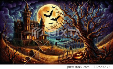 A spooky castle illuminated in the dark 117546478