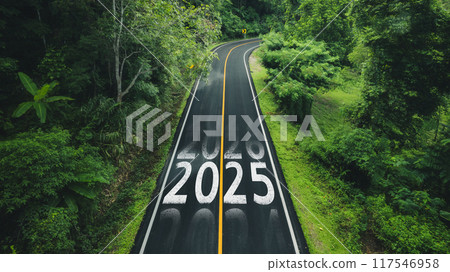 New Year 2025 Concept, Starting New Year 2025 in the middle of a road in a green forest New Year 2025 Concept, Starting New Year 2025 in the middle of a road in a green forest 117546958
