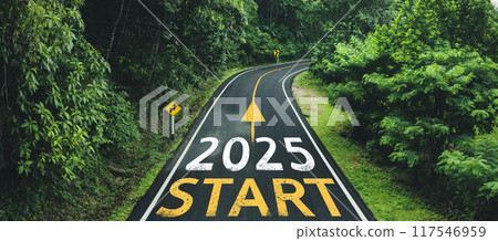New Year 2025 Concept, Starting New Year 2025 in the middle of a road in a green forest 117546959