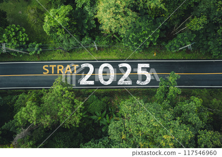 New Year 2025 Concept, Starting New Year 2025 in the middle of a road in a green forest New Year 2025 Concept, Starting New Year 2025 in the middle of a road in a green forest 117546960