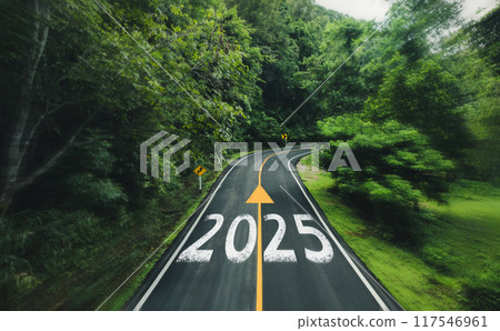 New Year 2025 Concept, Starting New Year 2025 in the middle of a road in a green forest New Year 2025 Concept, Starting New Year 2025 in the middle of a road in a green forest 117546961