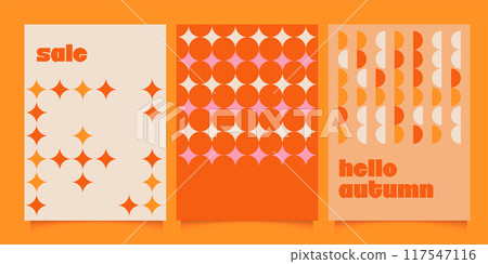 Autumn retro themed covers set. Abstract simple geometric patterns for cover design. Templates for print. Vertical banners, flyers for social media. Vector for seasonal offers, presentation. 117547116
