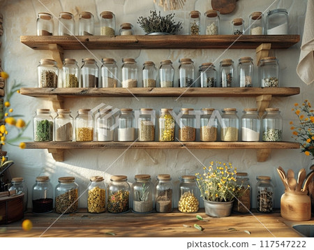 A country, rustic farmhouse kitchen, rustic wooden shelves with glass jars full of dried herbs and some of the herbal products. 117547222