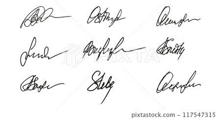 Fake signature hand drawn sample own autograph. Fictitious handwritten signature. Black ink color. Scribble for sample contracts documents certificates or letters. Vector illustration. 117547315