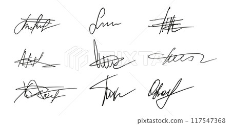 Fake signature hand drawn sample own autograph. Fictitious handwritten signature. Black ink color. Scribble for sample contracts documents certificates or letters. Vector illustration. Fake signature hand drawn sample own autograph. Fictitious handwritten signature. Black ink color. Scribble for sample contracts documents certificates or letters. Vector illustration. 117547368
