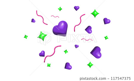 3d Confetti Firecracker Ribbon Paper Element Set. Heart spiral and star. Bright colored figures fly in different directions. Poster design postcard banner web design. Vector. 117547375