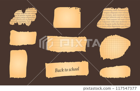 Paper and Elements scrapbooking Old torn crumpled. Elements for retro style collages. Different textures patterns ragged edges imitation of newspaper scraps. Vector illustration. 117547377