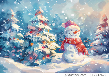 Christmas greeting card with bright winter holiday snowman and New Year background 117547622
