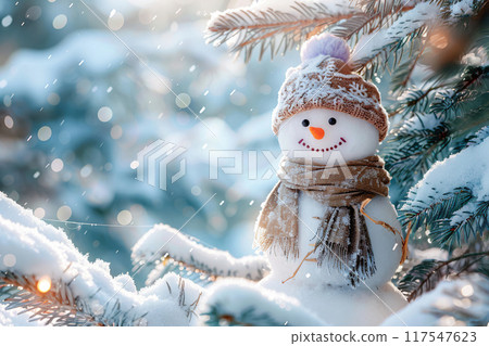 Christmas greeting card with bright winter holiday snowman and New Year background 117547623