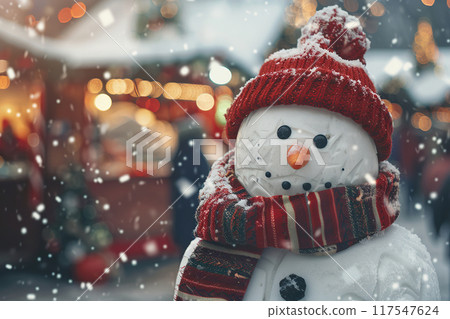 Christmas greeting card with bright winter holiday snowman and New Year background 117547624