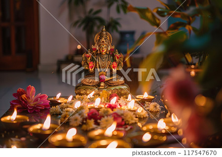 Beautiful greeting card with bright holiday composition for happy and celebrate Diwali 117547670