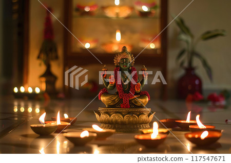 Beautiful greeting card with bright holiday composition for happy and celebrate Diwali 117547671