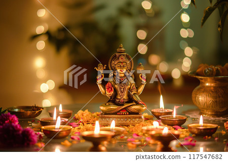 Beautiful greeting card with bright holiday composition for happy and celebrate Diwali 117547682