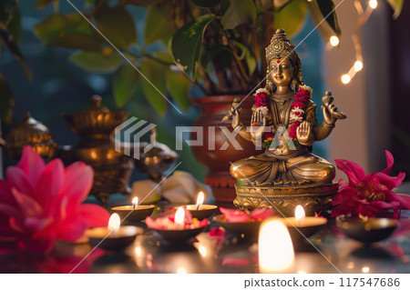 Beautiful greeting card with bright holiday composition for happy and celebrate Diwali 117547686