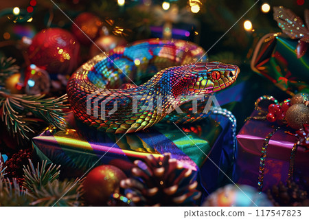 Beautiful greeting card with holiday composition for happy and joy celebrate New Year Beautiful greeting card with holiday composition for happy and joy celebrate New Year 117547823