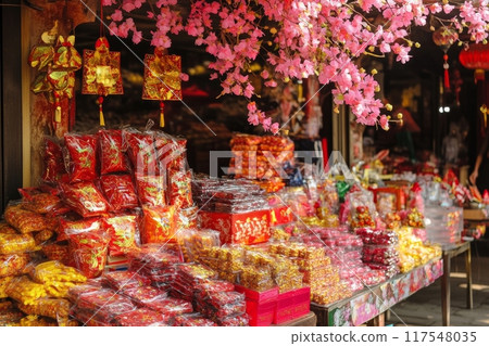 Festive stall selling traditional red envelopes under blooming cherry blossoms 117548035