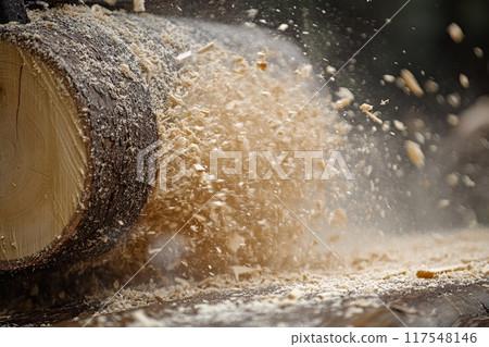 Close-up of sawdust exploding from a freshly cut log, showing the dynamic nature of woodworking. 117548146