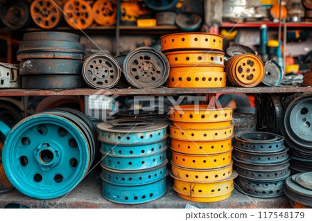 Assortment of colorful car wheels and rims in orange, blue, and gray stacked on shelves in an automotive workshop. Assortment of colorful car wheels and rims in orange, blue, and gray stacked on shelves in an automotive workshop. 117548179