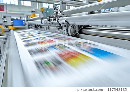 Colorful magazines on modern printing press with motion blur effect. Colorful magazines on modern printing press with motion blur effect. 117548185