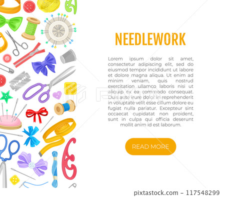Needlework Banner Design with Tailor and Sewing Equipment Vector Template Needlework Banner Design with Tailor and Sewing Equipment Vector Template 117548299