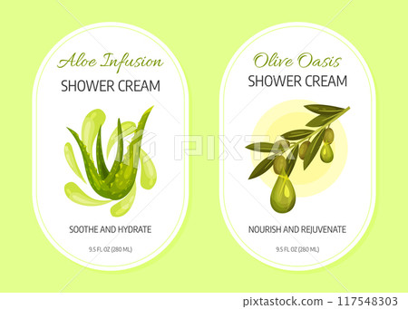 Natural Cosmetics Label Design with Aloe and Olive Shower Cream Vector Template Natural Cosmetics Label Design with Aloe and Olive Shower Cream Vector Template 117548303