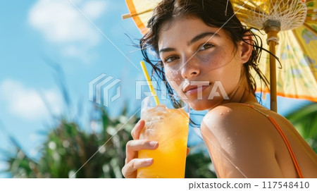 A woman with orange drink under umbrella on a sunny day, AI 117548410