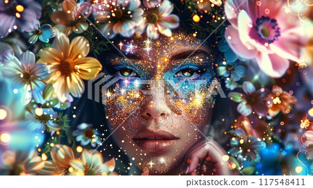 A woman with a face painted in flowers and stars, AI 117548411