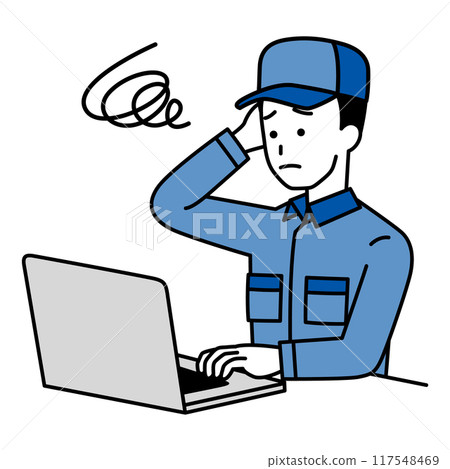 一個穿著工作服在筆記型電腦上工作的男人很困惑 一個穿著工作服在筆記型電腦上工作的男人很困惑 117548469