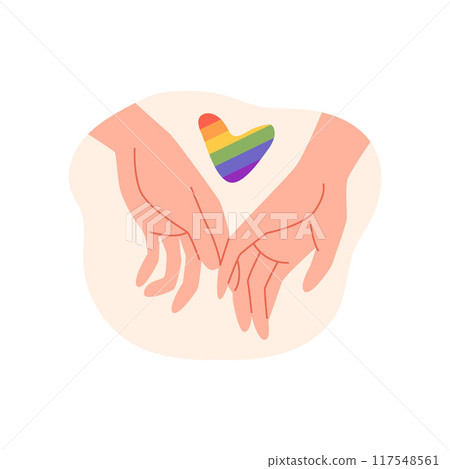 Couple hold hands touch fingers vector flat illustration, romantic homosexual couple hands with rainbow ribbon LGBT flag Couple hold hands touch fingers vector flat illustration, romantic homosexual couple hands with rainbow ribbon LGBT flag 117548561