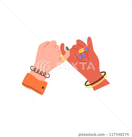 Multinational couple hold hands, holding pinkies gesture, vector cartoon romantic human arm with painted nails, rings 117548574