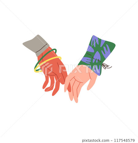Multinational couple hold hands, touch fingers, vector cartoon romantic human arm gesture icon, love and friendship 117548579