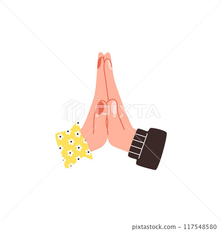 Folded prayer hands, couple of palms touching, vector flat human romantic greeting symbol, love and friendship gesture 117548580