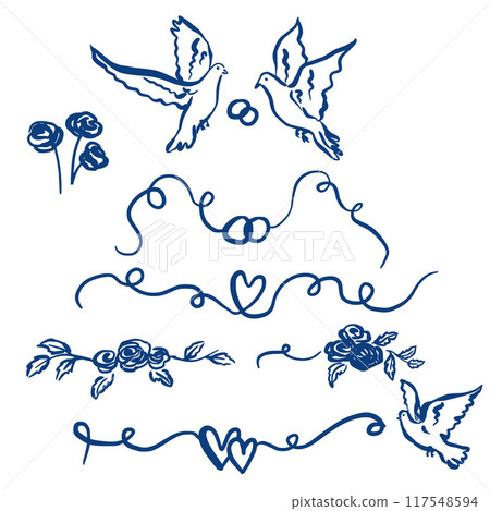 Vector linear wedding doodle illustrations. Hand-drawn birds and flowers isolated on white background. For design, print, invitation, interior or background. Vector linear wedding doodle illustrations. Hand-drawn birds and flowers isolated on white background. For design, print, invitation, interior or background. 117548594