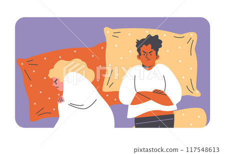 Vector image of a man and woman lying separately in bed. Vector image of a man and woman lying separately in bed. 117548613