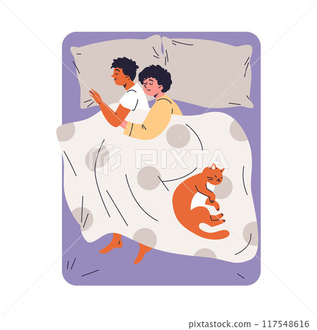 Young couple hugging under the blanket lying on the bed with cat, relaxation time lovers together with pet flat vector Young couple hugging under the blanket lying on the bed with cat, relaxation time lovers together with pet flat vector 117548616