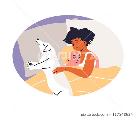 Young couple hugging and sleeping on the bed with pet, rest and relaxation time together with dog vector in oval frame 117548624