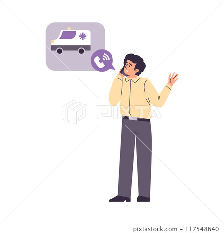 Vector illustration of a man calling 911 for medical help on a white background. 117548640