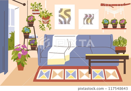 Cozy living room interior with sofa, blossom flowers and Macrame hangers for plants pots, succulent, violet flat vector 117548643