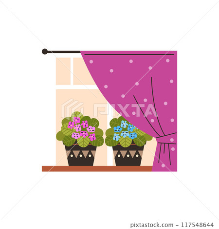 Cozy window frame and plants, flat vector illustration. 117548644