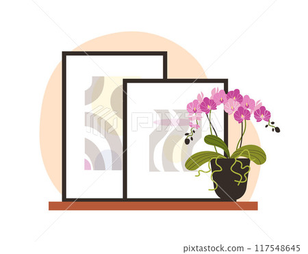 Wooden shelf with paintings and pink orchid in pot, vector flat beautiful blossom flowerpot and Macrame picture in frame 117548645