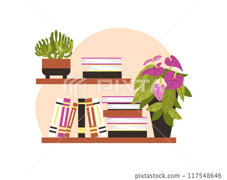 Wooden shelf with flowers in pots, Macrame style interior decoration, vector beautiful blossom anthurium and succulent 117548646