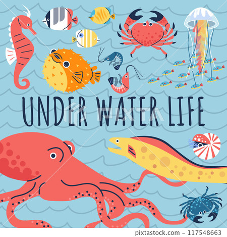 Under water life poster, tropical ocean or sea fauna, marine wildlife, octopus, sea crab, crab other underwater animals Under water life poster, tropical ocean or sea fauna, marine wildlife, octopus, sea crab, crab other underwater animals 117548663
