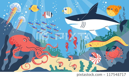 Underwater fauna with sea inhabitants. Vector illustration in flat style. Underwater fauna with sea inhabitants. Vector illustration in flat style. 117548717