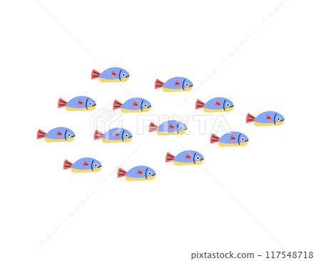 Small fishes group swimming, vector flat colorful fishes marine wildlife, tropical ocean or sea fauna, underwater animal 117548718