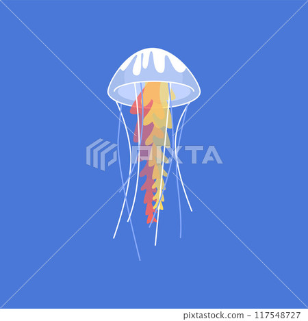 Vector illustration of a beautiful transparent jellyfish with yellow tentacles floating in a blue ocean 117548727
