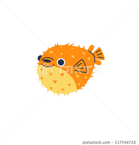 Vector illustration with blowfish: yellow-orange balloon fish with sharp needles on a white background. Vector illustration with blowfish: yellow-orange balloon fish with sharp needles on a white background. 117548728
