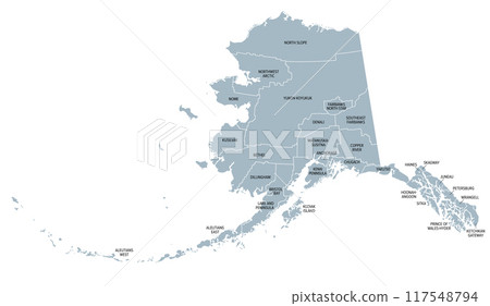 Alaska, U.S. state, gray political map, subdivided into 19 organized boroughs and 11 census areas. State on the northwest extremity of North America in the Western United States region. Last Frontier. Alaska, U.S. state, gray political map, subdivided into 19 organized boroughs and 11 census areas. State on the northwest extremity of North America in the Western United States region. Last Frontier. 117548794